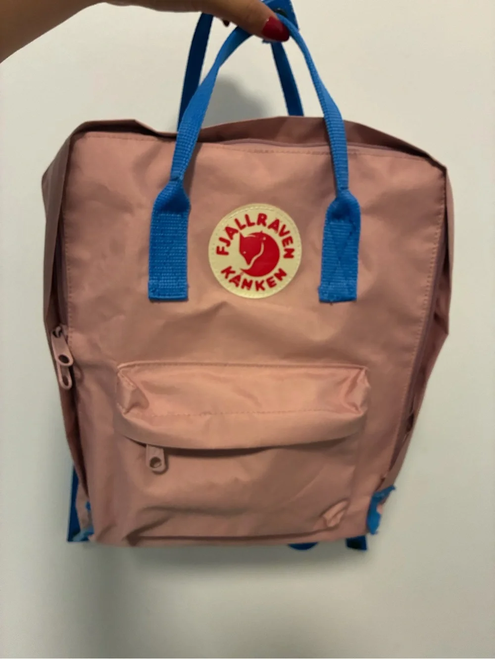 Fjallraven Kånken Backpack in Dusty Rose with Blue Handles